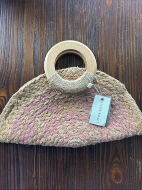 Antik Kraft Pink & Natural Woven Round Wooden Handle Clutch
